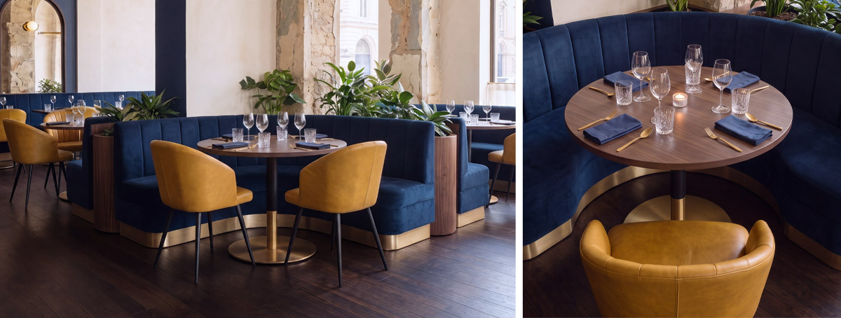 Mustard yellow leather tub chairs and curved velvet fixed seating in a high-end restaurant