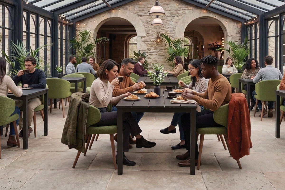 Upholstered commercial dining chairs in a busy restaurant Upholstered commercial dining chairs in a busy restaurant
