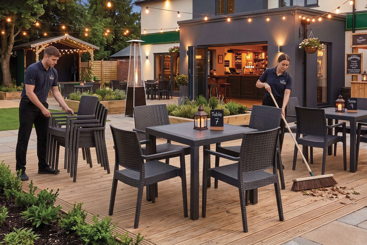 Stackable commercial polypropylene chairs in an outdoor dining area Stackable commercial polypropylene chairs in an outdoor dining area