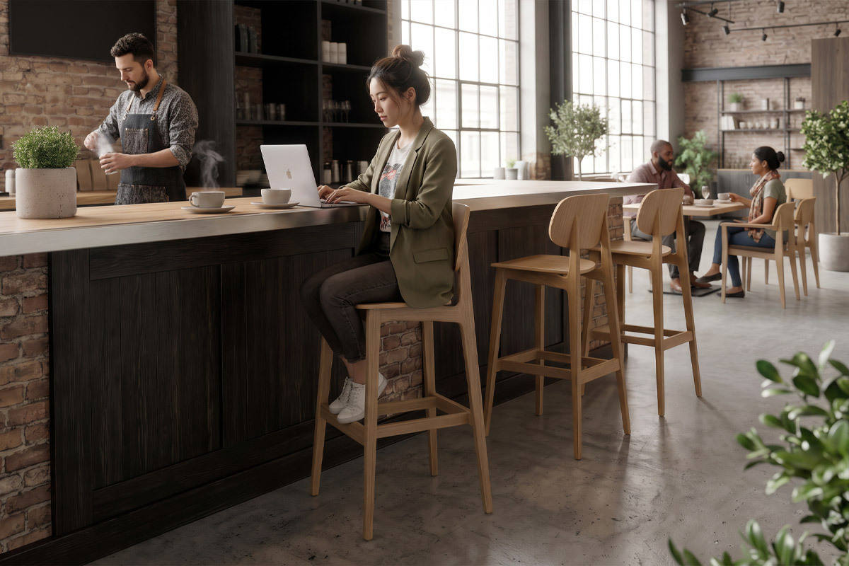 Hospitality furniture suitable for remote working in a cafe bar Hospitality furniture suitable for remote working in a cafe bar