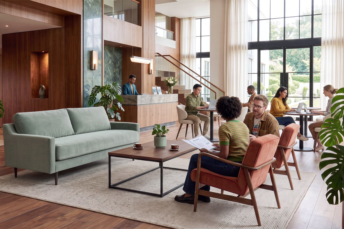 Hybrid working with soft seating in a modern hotel lobby Hybrid working with soft seating in a modern hotel lobby