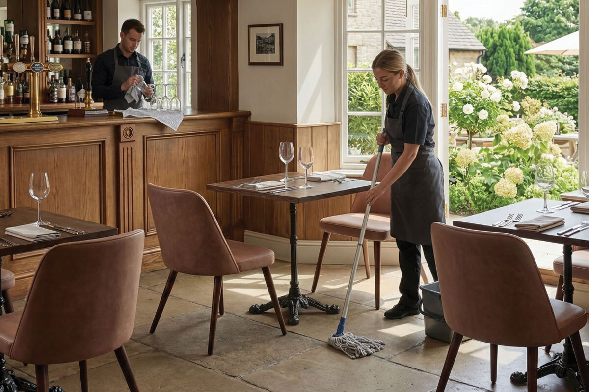 Staff member cleaning around non-stackable restaurant chairs Staff member cleaning around non-stackable restaurant chairs