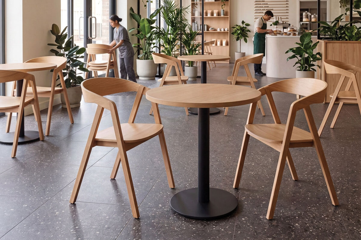 Contemporary café furnished with wooden stackable chairs Contemporary café furnished with wooden stackable chairs