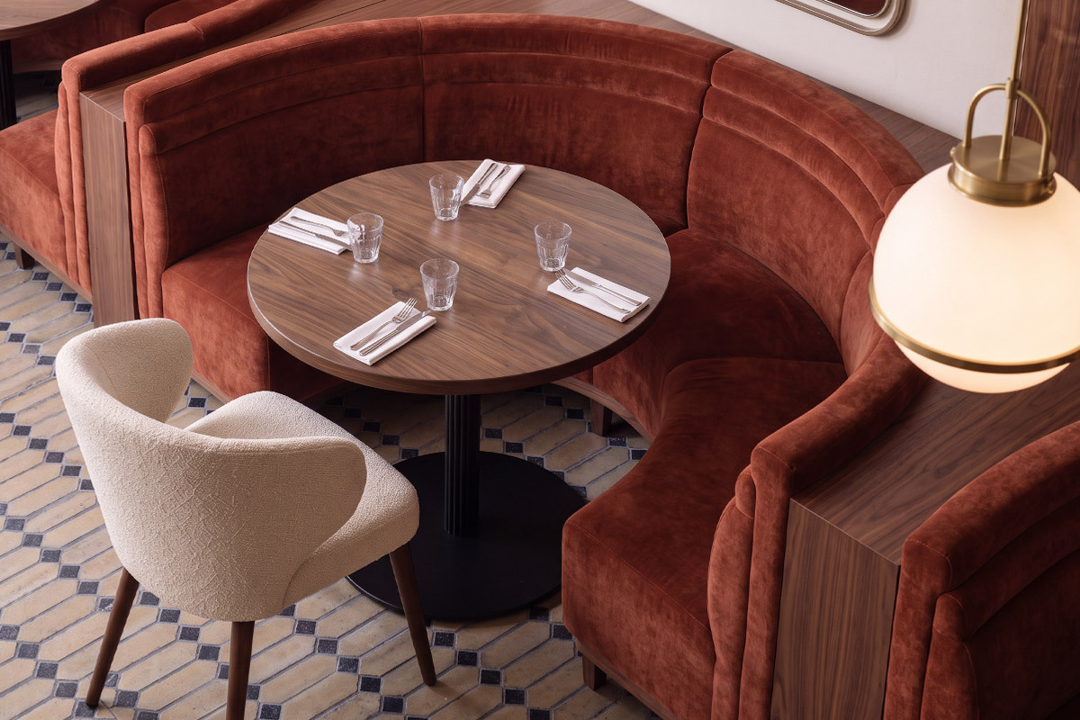 Commercial curved velvet fixed seating and upholstered dining chairs